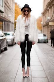 Black And White Faux Fur Coat Women S White Fur Coat Beige Cowl Neck Sweater Black Leather Leggings Black Hat White Faux Fur Coat Fur Coats Women White Fur Coat