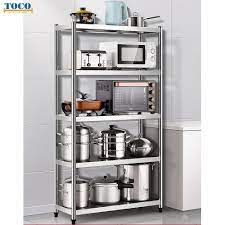 Shiny metal rack with a trio of shelves, top rack and wire grid for hanging, storing and organizing everything you need to make a meal happen. Stainless Steel Kitchen Warehouse Pallet Pipe Storage Shelf Rack China Food Shelving And Microware Oven Shelf Price Made In China Com
