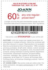 Joann Fabrics 60 Off Coupon On Any Regular Priced Item Joann Fabric Printable Coupons