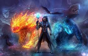 Wallpaper Art Man Sorcerer Animals Monsters Staff Magic Elementalist Wallpapers Fantasy Download Magie Elementaire Images De Dragons Les Arts