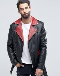 Asos Belted Leather Biker In Black With Red Lapel Detail Shopstyle Shirts Leather Jacket Men Black Leather Jacket Men Jackets Men Fashion