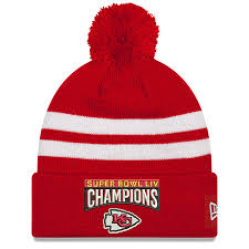 Women's kansas city chiefs nfl pro line by fanatics branded red exclusive cuffed knit hat with pom. Men S New Era Red Kansas City Chiefs Super Bowl Liv Champions Top Stripe Knit Hat