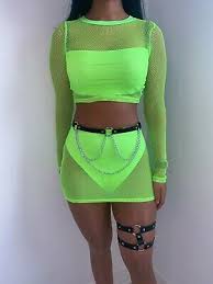 Festival outfits are the perfect way to have fun with fashion. Neon Fishnet Two Piece Green Skirt Crop Top Mesh Mini Skirt Festival Outfit Ebay