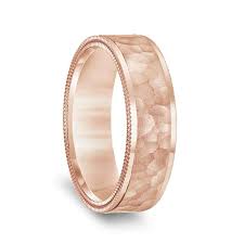 A unique blend of metals, textures and styles, this wedding ring combines a 14k white gold band with a hammered inlay of rose gold. 14k Rose Gold Hammered Finish Mens Wedding Ring With Double Milgrain Polished Edges 6 5mm
