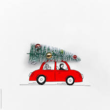 Red Car Is Drawn On A Paper With Man Driver And Decorated New Year Tree On A Car Roof Happy Christmas Concept Red Car Holiday Greetings Holiday Greeting Cards