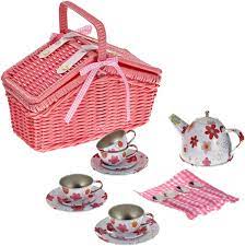 Girls Picnic Basket Set Teapot Cups Spoons Serving Tray Saucers Pretend Play Toy Kinder Geschirr Picknickkorb Korb