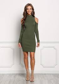 Junior Clothing Olive Cold Shoulder Bodycon Dress Long Sweater Dress Cold Shoulder Bodycon Fashion Outfits