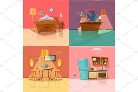 Cartoon Interior Set In 2020 Kitchen Cartoon Retro Dining Room Office