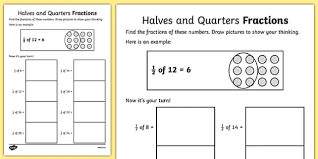 halves and quarters fractions worksheets maths twinkl