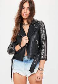 Black Sequin Sleeve Faux Leather Jacket Womens Black Jacket Coats Jackets Women Leather Jacket Girl