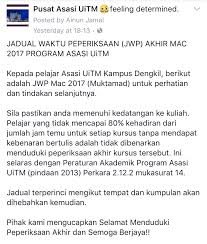 Berikut adalah jadual waktu peperiksaan bertulis sijil pelajaran malaysia (spm) untuk tahun 2017 yang telah dikeluarkan oleh lembaga peperiksaan, kementerian pendidikan malaysia. Hea Uitm Dengkil On Twitter Jadual Waktu Peperiksaan Jwp Akhir Mac 2017 Asasidengkil Asasiuitm Uitmdengkil Dengkilperform