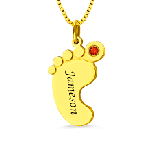 Gold Baby Feet Necklace With Birthstone Name