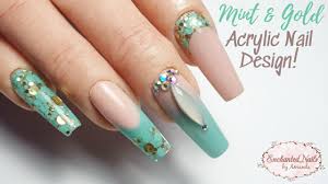 Mint and light turquoise nails, mint polish, and mint nail art. Cjp Acrylic Nails Mint Gold Nails With Ombre French Glitter Easy Nail Tutorial Youtube