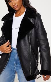 Black Oversized Pu Aviator Fur Leather Jacket Coated Jeans Outfit Aviator Jackets