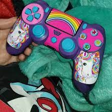 Trickymcvomit This Is My Very Own Custom Lisa Frank Rainbow Unicorn Dualshock Ps4 Controller Spray Painted Purple With Brand New Teal Button Install Created