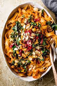 Tuscan Roasted Red Pepper Pasta With Winter Greens Salted Mint Recipe Red Pepper Pasta Pasta Dishes Stuffed Peppers