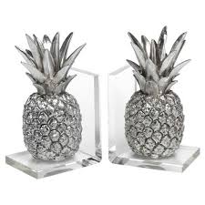 David Modern Classic Silver Pineapple With Clear Base Bookends Tropical Home Decor Pineapple Bookends Tropical Interior Design
