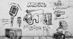 Black and white brick wall drawing. White Brick Wall Black And White Drawing Music Restaurant Bar Art Wall Idecoroom