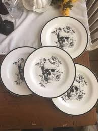 Black And White Floral Dinnerware Skull Floral Roses Dinner Plates Set Of 4 Home Decor Accessories Retro Home Decor Home Decor