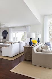 Neutral Transitional Living Room With Blue Lamps Long Living Room Design Long Living Room Large Living Room Layout