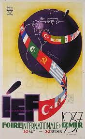 1937 izmir enternasyonal fuari icin ihap hulusi tarafindan hazirlanan tanitim afisi tasarimda bayraklarina yer veri klasik reklamlar vintage posterler reklam