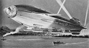 An artist's rendering shows a proposed “super-dirigible” aircraft carrier,  designed to carry a squadron of atomic bombers deep into enemy territory.  This enormous craft would be far larger than the Macon and