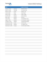 Ireland Holidays 2022 In Pdf Word And Excel