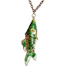 Chinese Enamel Fish Vintage Pendant Necklace Green Gold Tone 2 Koi Cloisonne Vintage Pendant Necklace Fish Pendant Necklace Pendant Necklace