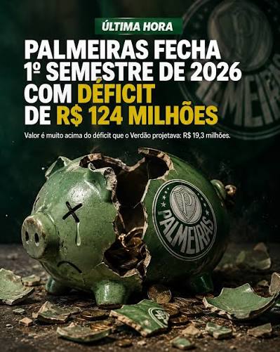 🚨🐷 CONTAS NO VERMELHO! O Palmeiras encerrou o primeiro semestre de 2026 com um d&eacute;ficit de R$ 124 milh&otilde;es, valor muito acima dos R$ 19,3 milh&otilde;es previstos no or&ccedil;amento aprovado pelo clube