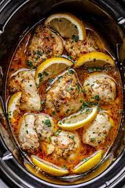Crock Pot Lemon Garlic Butter Chicken Thighs Chicken Slow Cooker Recipes Chicken Crockpot Recipes Crockpot Recipes Easy
