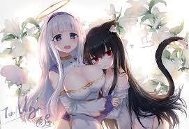 2girls animal ears black hair blush catgirl flowers halo headband hug long  hair original purple eyes red eyes shirayuri lily tail vivid (agency)  watermark white hair xing | konachan.com - Konachan.com Anime