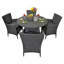 Maybe you would like to learn more about one of these? Patio Flare Vanessa 5 Piece Round Patio Dining Set In Matte Black Wicker With Dark Grey Cu The Home Depot Canada