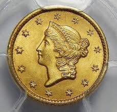 The gold dollar was instituted just as the gold rush kicked off in california and gold became more readily available. 1849 Pcgs Ms65 Closed Wreath Gold Dollar Ebay