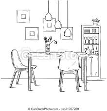 Dining room ideas can range from the dramatic overhaul of layout, walls, doors, or lighting, to the refresh of smaller details such as cutlery, chair covers and small decorative features. Part Of The Dining Room On The Table Vase Of Flowers Lamps Hang Over The Table Hand Drawn Sketch Vector Illustration Canstock