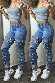 M Lovelywholesale Com Wholesale Fashion Mid Waist Button Fly Broken Holes Blue Denim Skinny Jeans G143749 Html Fashion Fashion Nova Outfits Skinny Jeans