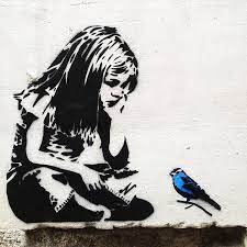 Banksy Madchen Mit Blauem Vogel Graffiti Strassen Kunst Strassenkunst Banksy Banksy Graffiti Strassenkunstler