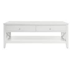 The lower shelf can house rectangular or square storage baskets. Stylewell Oakley Rectangular White Wood 2 Drawer Coffee Table With X Side Detail 47 27 In W X 17 72 In H Home Depot Havenly