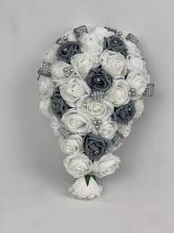 Fystore wedding bouquets for bride wedding bride holding bouquet roses with crystal diamond ribbon artificial foam flower bouquet ((black+white). Artificial Bridal Posy Brides Teardrop Bouquet Diamante Ribbon