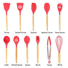 Tools, utensils, appliances, dishes, and cookware, that can be used in the process of food preparation, cooking or baking, or the serving of food, or to hold or store food before or after. Megachef Red Silicone And Wood Cooking Utensils Set Of 12 985114361m The Home Depot