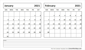 Print January February 2021 Calendar Template 2 Month Calendar In 2020 Calendar Template Calendar Printables Monthly Calendar Printable