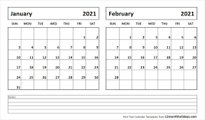 Our free printable calendars are available as calendar documents, and in pdf and gif formats. Print January February 2021 Calendar Template 2 Month Calendar Calendar Printables Calendar Template Custom Calendar