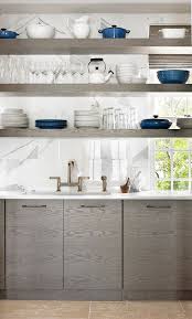 Love The Grey Wood And Hits Of White Paired With Perfect Le Creuset Blue Timeless Yet Modern Contemporary Kitchen Open Kitchen Shelves Kitchen Interior
