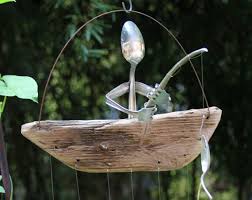 Silverware Man Fishing Spoon Fish Wind Chime Unique Masculine Mens Christmas Holiday Gift Idea Natural Driftwood Recycle Windchime Sport Cuillere En Argent Carillon A Vent Et Cadeaux Uniques