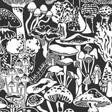 Black And White Mushroom Wallpaper Mushroom City Designer Wallpaper In Contrast White And Soft Black In 2020 Trippy Patterns Abstract Artwork Cityscape