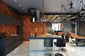 The kitchen is stylish and unique, it isn't overwhelming, and it doesn't detract from the more refined dining area and the cozy living room section in the back. Industrial Kitchen Design Ideas Inspiration Photos