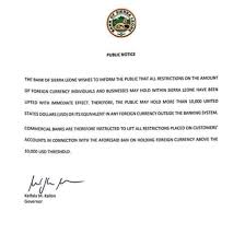 The above report is compiled from information available on public platforms. Radio Lion Mountain Fm 101 3 Bank Of Sierra Leone Press Release The Bank Of Sierra Leone Wishes To Inform The Pubuc That All Restrictions On The Amount Of Foreign Currency Individuals