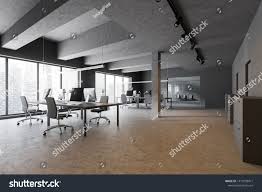 Industrial Style Open Space Office Interior With Gray And Wooden Walls Concrete Floor Panoramic Windows In 2020 Open Space Office Office Interiors Industrial Style