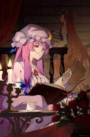 long hair, anime, anime girls, Patchouli Knowledge, Koakuma, portrait  display, glasses, Touhou, books, watermarked, candles | 2312x3508 Wallpaper  - wallhaven.cc