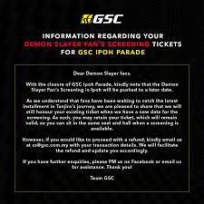 Get movie showtimes, cinema location & buy movie tickets online here. Gsc On Twitter Update Regarding Gsc Ipoh Parade S Closure Due To Cmco And Also Demonslayer Fan S Screening In Gsc Ipoh Parade