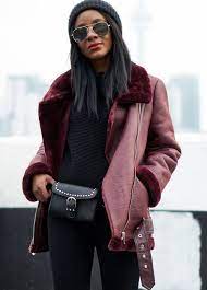 Zara Burgundy Aviator Faux Leather Shearling Fur Collar Biker Jacket Coat S Uk 8 Fur Collar Outfit Biker Jacket Outfit Fur Leather Jacket